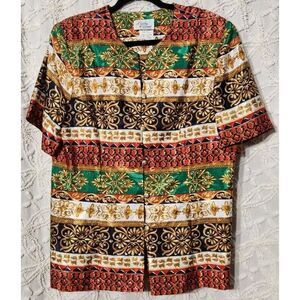 Vtg Lady Carol Blouse Womens 18 Button‎ Up Floral Colorblock Filagree Tapestry